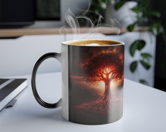 zd, arbre de vie, racines, plantes, nature, ciel, amour, forêt, rouge, coucher de soleil, blanc, noir, réactif à la chaleur, feu, tasse, tasse à café magique, 11 oz