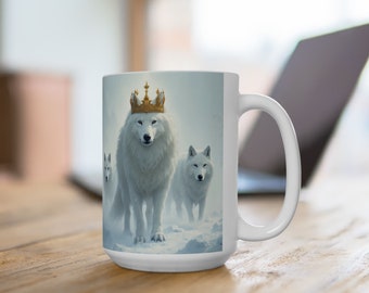 King Wolf, Male, Mountain, Dog, Arctic, Pattern, Animal, Nature, Wildlife, Ice, Snow, Winter, Golden, Black, White, Large Coffee Mug, 15oz