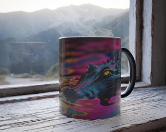 King Queen Crocodile, Alligator, Safari, Sunset, Wildlife, Reptile, Water, Animal, Nature, Black, Swamp, Gold, Pink, Magic Coffee Mug, 11oz