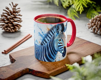 Zebra, Watercolor, Safari, Savannah, Stripes, Pattern, Black, Unique, Animal, Nature, Wildlife, White, Black, Gold, Blue, Coffee Mug 11-15oz