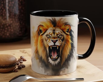 Lion, Watercolor Art, African Safari, Big Cat, Brown, Black, Gold, Animal, Wildlife, King, Queen, Jungle, White, Nature, Coffee Mug 11-15oz