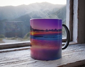 Sunset, Flowing Waves, Beach, Sunrise, Ocean, Sea, Vacation, Water, Coastal, Nature, Tropical, Gold, Purple, Blue, Magic Coffee Mug, 11oz