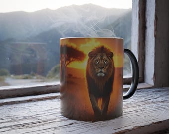 Male Lion, Big Cat, African Safari, Sunrise, Brown, Sunset, Nature, Wildlife, Art, Animal, Earth, Gold, Green, Black, Magic Coffee Mug, 11oz