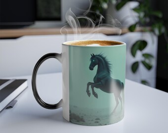 Black Dark Horse, Wildlife, Sci-fi Art, Farm Ranch, Desert, Mountain, Sunset, Wasteland, White, Animal, Nature, Plain, Magic Coffee Mug 11oz