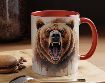 Grizzly Bear, Watercolor, Forest, Mountain, Woods, Brown, Black, Animal, Wildlife, Tundra, White, Ceramic, Two-Tone, Accent Coffee Mug 11oz