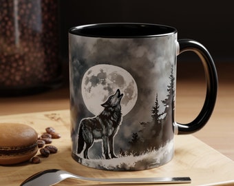 Wolf, Gray, Moon, Grey, Watercolor, Dogs, Lone, Forest, Mountain, Black, Animal, Wildlife, White, Nature, 2-Tone, Accent Coffee Mug, 11-15oz