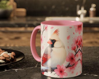 Cardinal, Watercolor, Cherry Blossom, Flower, Wildlife, Red, Snow, Ice, Cold, Animal, Bird Watching, White, Black, Pink, Coffee Mug, 11-15oz