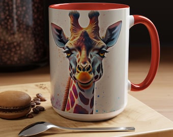 Aquarelle, Safari, Happy hour, Animal, Taches, Nature, Cadeau, Cuisine, Faune, Blanc, Noir, Coloré vif, Girafe, Tasse à café de 11 à 15 oz