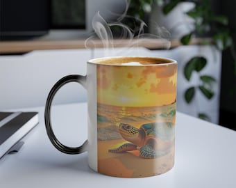 Tortue de mer, coloré, eau de mer, réactif à la chaleur, motif, faune sauvage, or, bleu, vert, coucher de soleil sur la plage, tropical, tasse à café magique 11 oz