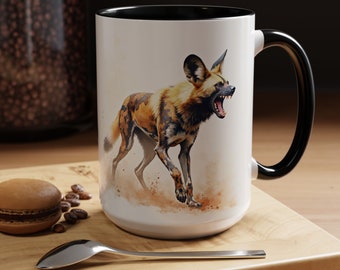 Wild Dog, Watercolor, African Safari, Gold, Brown, Black, Animal, Pattern Spots, Colorful, White, Ceramic, 2-Tone, Accent Coffee Mug 11-15oz