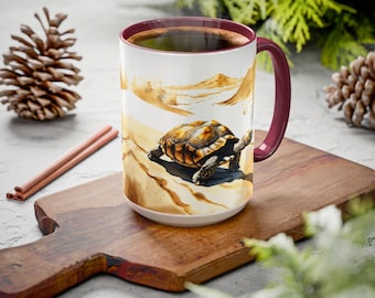 Tortoise, Watercolor, Safari, Forest, Animal, Desert, Nature, Land Turtle, Wildlife, Brown, Gold, Black, White, Colorful Coffee Mug, 11-15oz