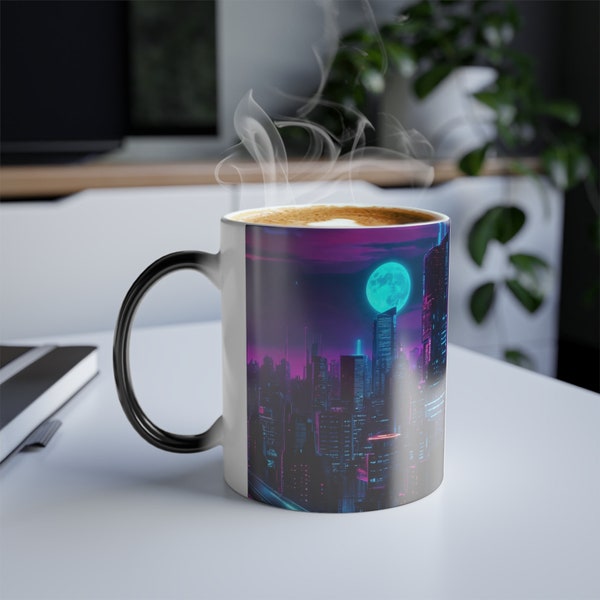 Neon City, Futuristic, Sci-Fi, Nature, Skyline, Night Sky, Moon, Sunset, Purple, Blue, Black, Metropolis, Tron, Magic Coffee Mug, 11oz