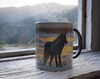 Black Wolf, Arctic, Wildlife, Gold, Sunset, Dog Lover Gift, Snow, Winter, Ice, Animal, Nature, White, Sunrise, Lone, Magic Coffee Mug, 11oz
