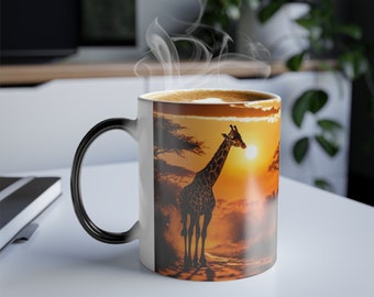 Giraffe, African Safari, Pattern, Tall Animal, Nature, Wildlife, Gold, Sunset, Sunrise, Black, Fun, Heat Reactive, Magic Coffee Mug, 11oz