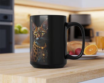 Queen Serval Cat, Female, African Safari, Grasslands, Brown, Diamonds, Gold, Green, Wildlife, Animal, Black, Cup, Large Coffee Mug, 15oz
