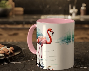 Flamant rose, Marais, Animal, Floride, Nature, Tropical, Faune, Vert, Rose, Oiseau, Noir, Blanc, Aquarelle, Flamant rose, Tasse à café bicolore 11 oz