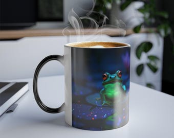 Frog, Colorful, Neon, Sci-Fi Art, Nature, River, Green, Purple, Blue, Black, Forest, Wildlife, Water, Lake, Animal, Magic Coffee Mug, 11oz