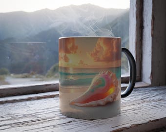 Coquillage, vagues côtières, plage, lever de soleil, coucher de soleil, océan, mer, vacances, eau, nature, tropical, blanc, rose, bleu, tasse à café magique, 11 oz