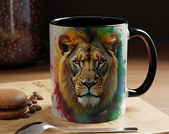 Aquarelle, Safari africain, Chat, Vert, Rouge, Noir, Or, Animal, Faune, Roi, Lion, Rasta, Jungle, Blanc, Nature, Tasse à café de 11 à 15 oz