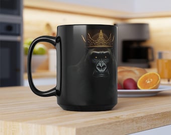 King Gorilla, Male, Apes, Nature, Strength, Strong Monkey, Wildlife, Animal, Forest, Jungle, Crown, Gold, Fire, Black, Large Coffee Mug 15oz