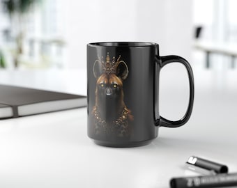 Reine hyène, diamants, animal, safari en Afrique, amoureux des chats, nature, faune sauvage, chiens, cadeau, noir, or, taches, marron, grande tasse à café de 15 oz