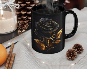 Golden Rose, Flower Lover Gift, Bloom, Tree, Plant, Nature, Life, Sci-fi Art, Leaves, Love, Black, Floral Design, Gold, Coffee Mug, 11oz