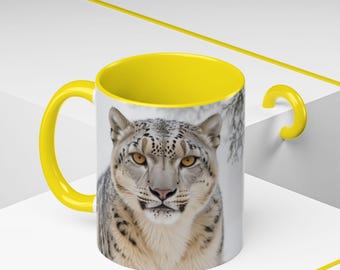 Léopard des neiges, montagne, gros chat, forêt gelée, animal, nature, faune, hiver, glace, neige, or, noir, blanc, grande tasse à café, 11-15 oz