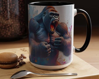 Silverback Gorilla, Colorful Watercolor Art, White, Wildlife, Nature, Pink, Monkey, Animal, Blue, Black, Jungle Ape, Red, Coffee Mug 11-15oz