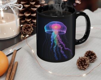 Queen Jellyfish, Animal, Purple, Nature, Marine Wildlife, Water, Earth, Blue, Colorful, Pink, Green, Coral Ocean, Black Coffee Mug, 11-15oz