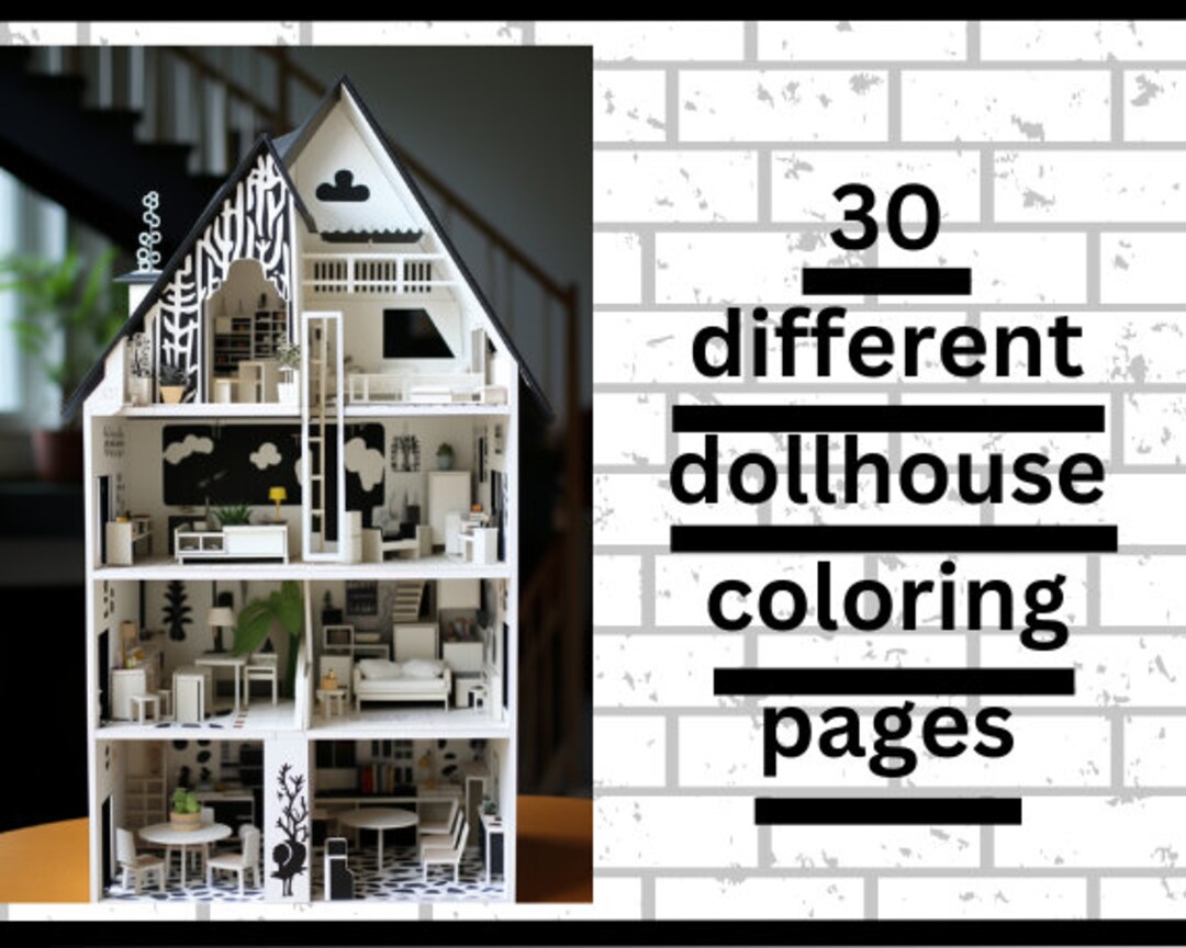30 Unique Dollhouse Coloring Pages Part 1 for Adults and Children. Grayscale Printable PDF ...