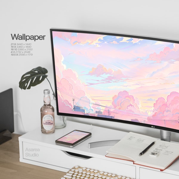 Tapeta Pink Cloud Sky - Pulpit (Monitor Ultra Wide) | Tablet | Telefon | Mobilny | iPad | iPhone | Minimalistyczny | Estetyczny | Anime | Lofi