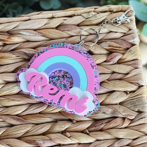 Personalized Backpack Tag, Girls Rainbow Name Tag, Kids Name Tag, Glitter Name Tag, Acrylic Name Tag, Backpack Keychain, Girls Keychain