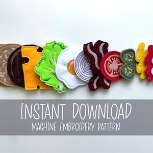 May include: Machine embroidery pattern for a felt burger with various toppings, including a bun, patty, cheese, lettuce, egg, onion, bacon, tomato, pickles, ketchup, and mustard. The pattern is available for instant download.