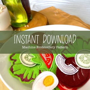 Puede incluir: Patrón de bordado a máquina para una ensalada con lechuga, tomate, pepino, cebolla y huevo. El patrón está disponible para descarga instantánea.