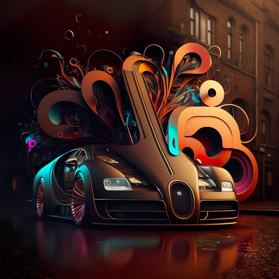 Bugatti Veyron Neon Digital Art Etsy