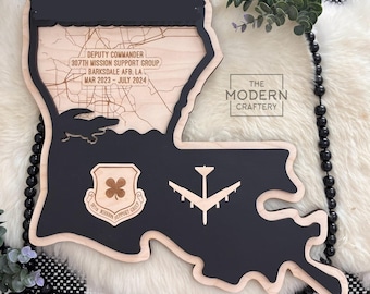 Custom Military Promotion Gift, PCS Plaque, State/Country/Base Going Away, Promotion or Retirement Gift, Louisiana gator or skyline