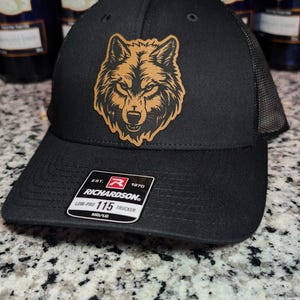 Wolf Hat Richardson 112 Trucker Cap – Laser Engraved Leather Patch | Animal Hat Gift | Wilderness Hunting Cap | Veteran Owned