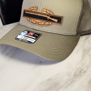 CIB Hat | Combat Infantry Badge Richardson 112 | Military Laser Engraved Leather Patch Cap | Tactical Veteran Gift | Infantry Morale