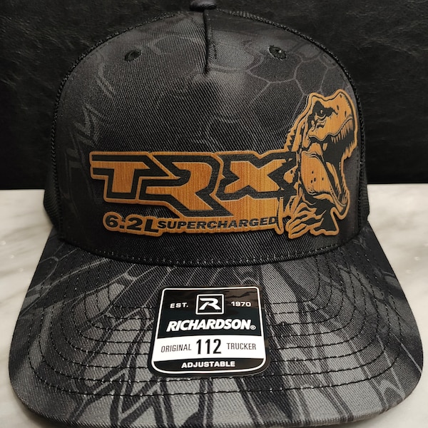 New Black Camo Skin Design RAM TRX 6.2L Supercharged Laser Engraved Leather Patch Hat Richardson 112.. Buy 2 and you'll get a free Keychain.