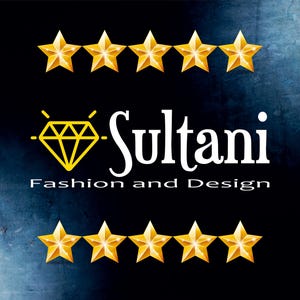 May include: A logo for Sultani Fashion and Design, featuring a diamond graphic and five gold stars above and below the text. The text is white and the background is a dark blue with a textured effect.