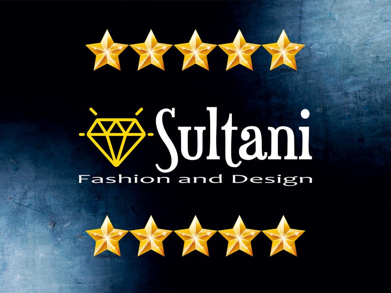 May include: A logo for Sultani Fashion and Design, featuring a diamond graphic and five gold stars above and below the text. The text is white and the background is a dark blue with a textured effect.