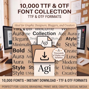 May include: A digital collection of 10,000 TTF and OTF fonts featuring a central tan folder icon with a download symbol, surrounded by various text samples like Aura, Elegant, Bold, and Style, with the text 10,000 TTF & OTF FONT COLLECTION.