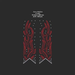May include: Two symmetrical red flame designs, each composed of small dots, on a black background. The flames are outlined with white dots at the base. Text at the top indicates dimensions: 3 in x 10.23 in.