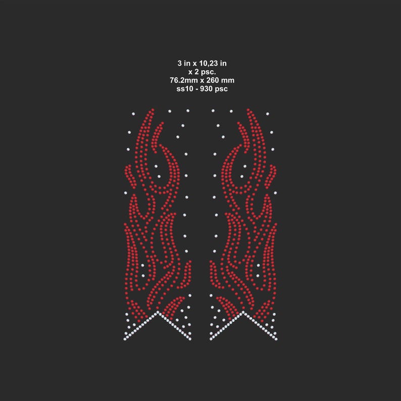 May include: Two symmetrical red flame designs, each composed of small dots, on a black background. The flames are outlined with white dots at the base. Text at the top indicates dimensions: 3 in x 10.23 in.