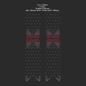 May include: Two long, rectangular decorative appliques with a pattern of white and red dots on a dark gray background. The appliques are 3 inches by 13.86 inches. The text on the image reads: 3 in x 13.86 in, x 2 psc., 76.2mm x 352 mm.