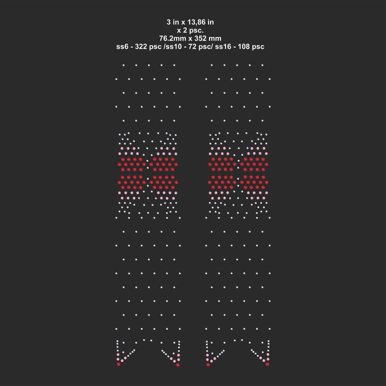 May include: Two long, rectangular decorative appliques with a pattern of white and red dots on a dark gray background. The appliques are 3 inches by 13.86 inches. The text on the image reads: 3 in x 13.86 in, x 2 psc., 76.2mm x 352 mm.