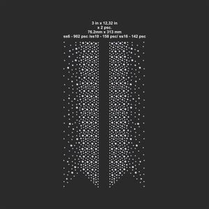 May include: Two symmetrical designs composed of white dots on a black background. The designs are 3 inches by 12.32 inches, and 76.2mm by 313 mm. The image also includes text indicating the quantity of dots in different sizes.