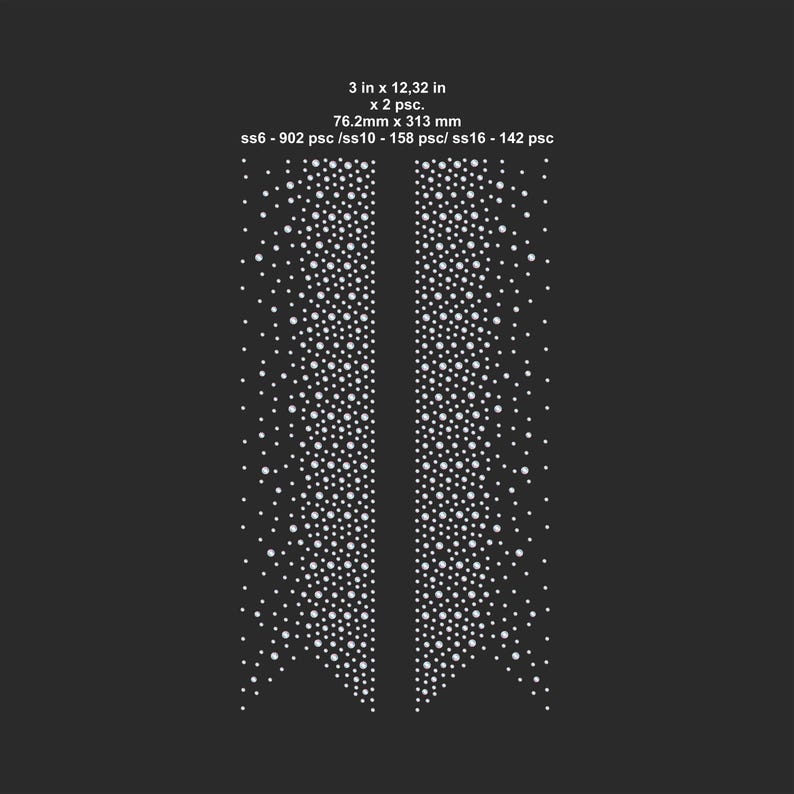May include: Two symmetrical designs composed of white dots on a black background. The designs are 3 inches by 12.32 inches, and 76.2mm by 313 mm. The image also includes text indicating the quantity of dots in different sizes.