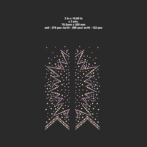 May include: Two symmetrical rhinestone designs on a dark background. Each design is composed of small, light-colored rhinestones arranged in a pattern of triangles and dots. The text in the image indicates the dimensions are 3 inches by 10.05 inches.