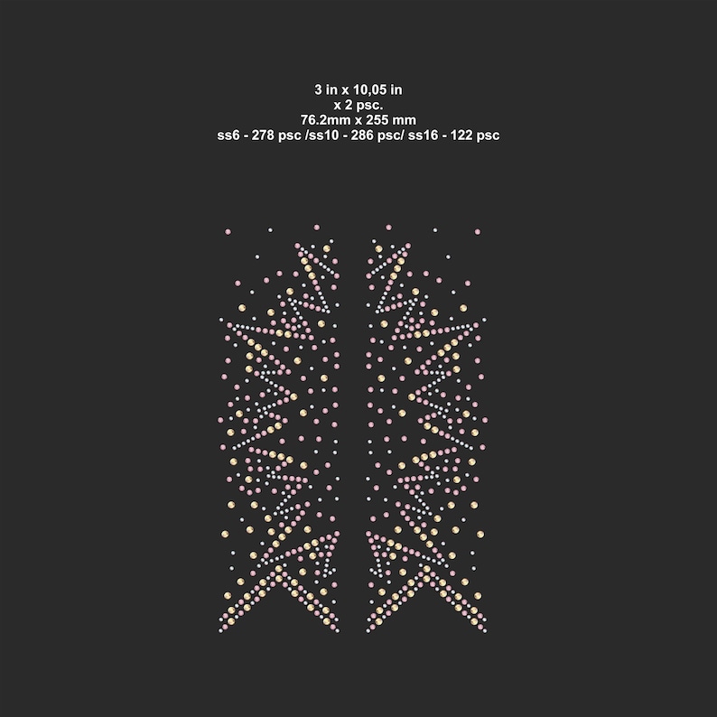 May include: Two symmetrical rhinestone designs on a dark background. Each design is composed of small, light-colored rhinestones arranged in a pattern of triangles and dots. The text in the image indicates the dimensions are 3 inches by 10.05 inches.